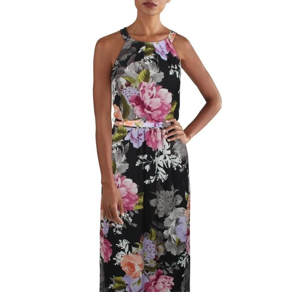 SL FASHIONS Belted Halter Maxi Dress Black Multi - Picture 1 of 5